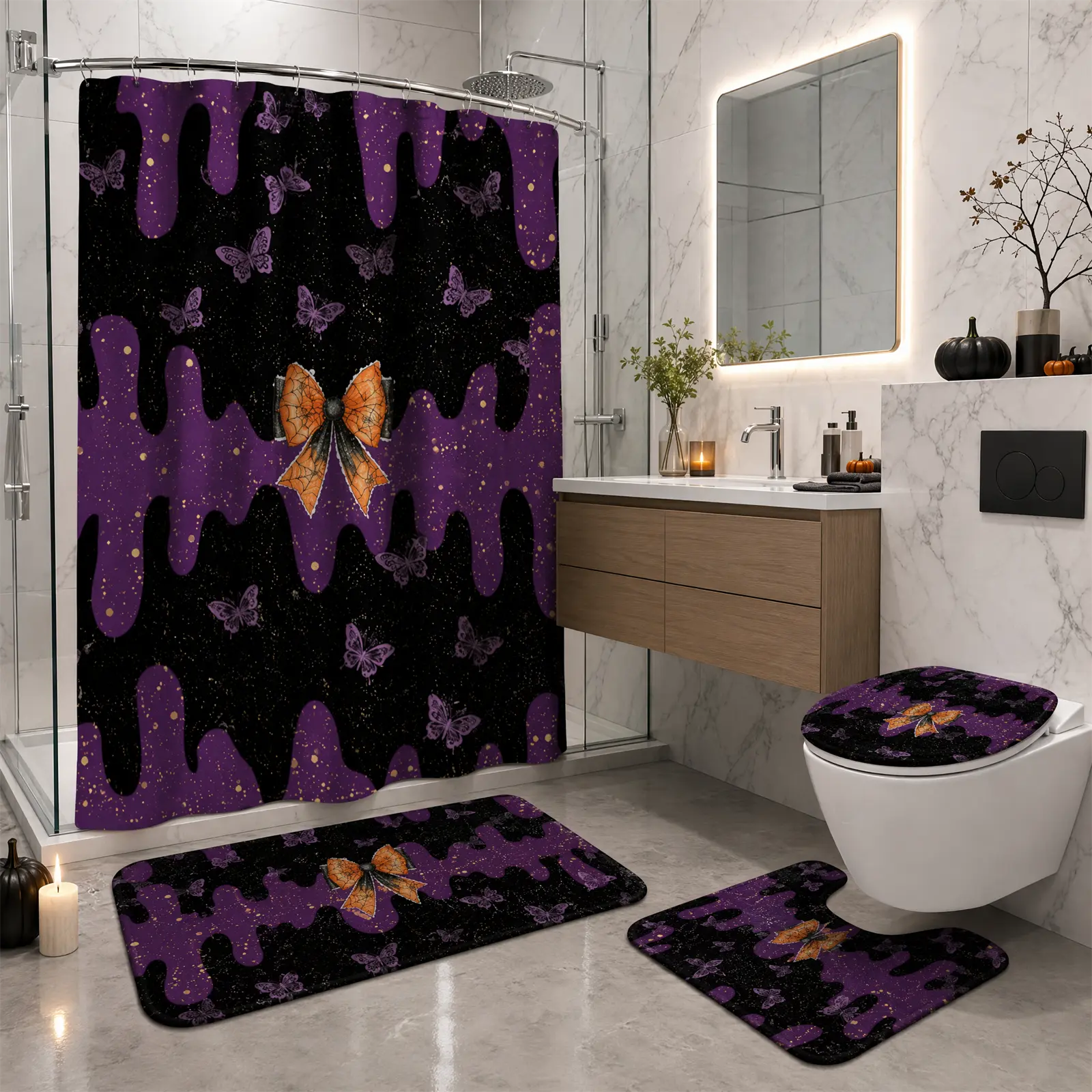 Purple Glitter Butterfly Halloween 4-Piece Bathroom Set, Shower Curtain, Bath Mat, Toilet Lid Cover And U-Shaped Mat Included. Waterproof Anti-Mold Bathroom Accessories, Gothic Spooky Bathroom Home Decor