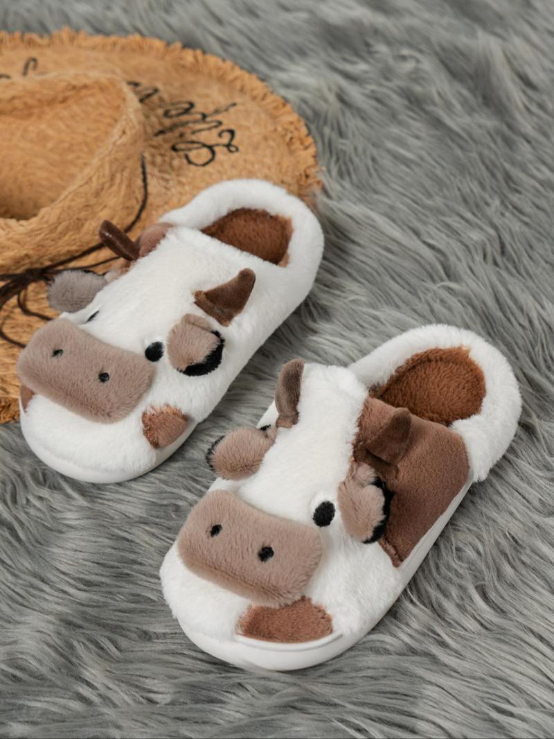 Women's New Fashion Trendy Cartoon Cow Head Indoor Outdoor Cotton Slippers, Fluffy Home Slippers, Winter Casual Warm Home Shoes, Anti-Slip Lightweight Unisex