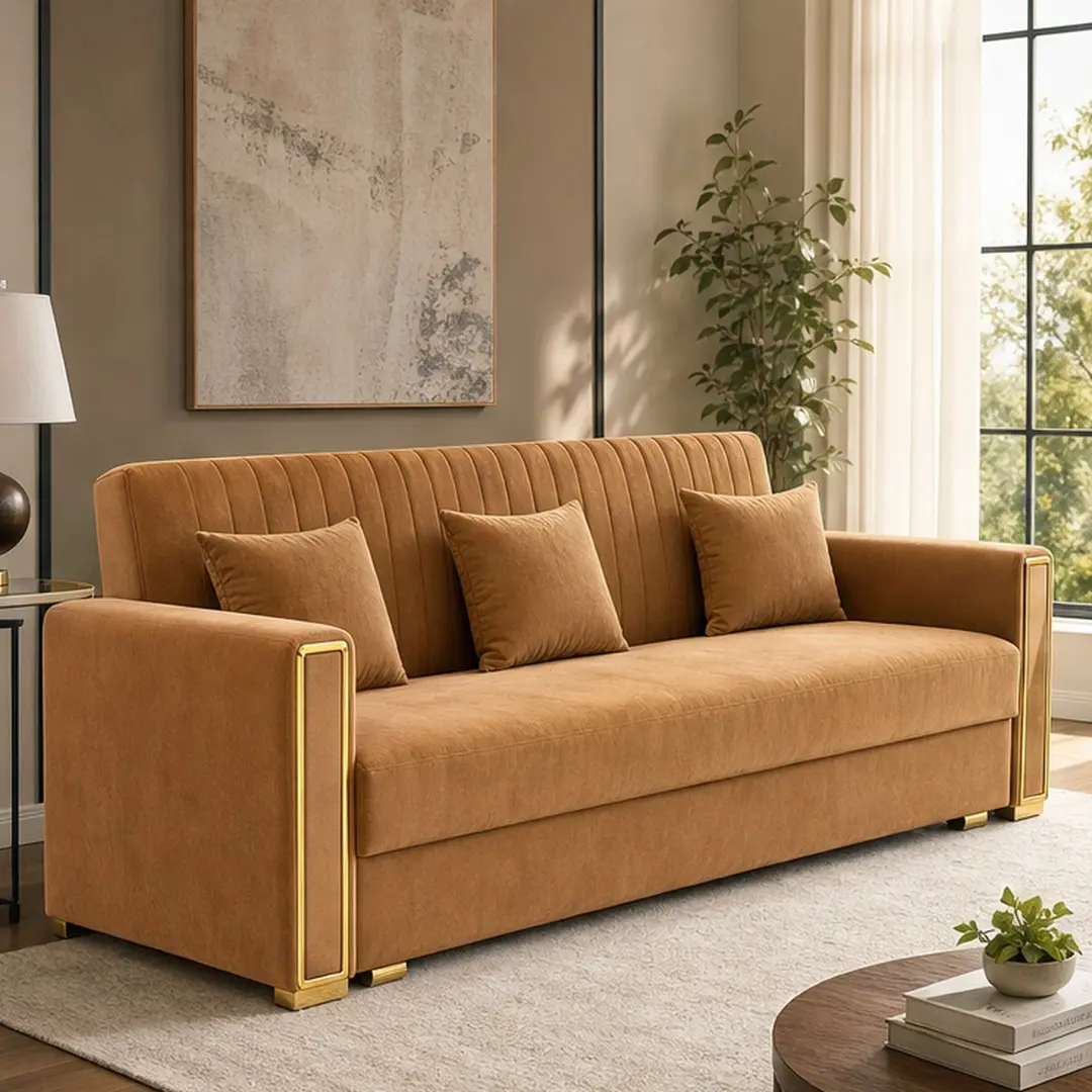 ARCH 81.9" King Pull Out Sofa Bed 3-in-1 Convertible Velvet Couch with 3 Pillows Golden Metal Trim, Modern 3-Seater Sleeper Sofa for Living Room Apartment Small Space, Multiple Color Options, Beige+White/Black/Camel/DARK GREY Color Options
