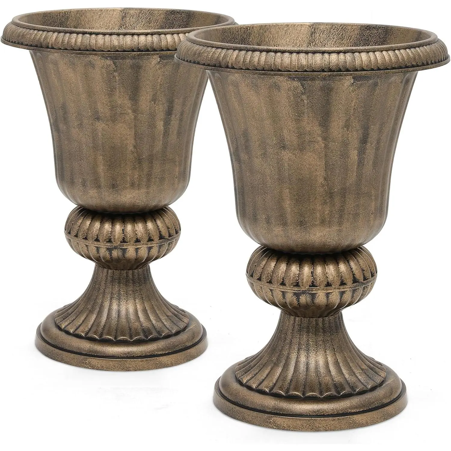 20" Urn Planters for Outdoor Plants, Large Decorative Front Porch Planters Set of 2, Weatherproof Tall Plastic Flower Pots for Garden, Patio & Entryway Décor, Antique Brass