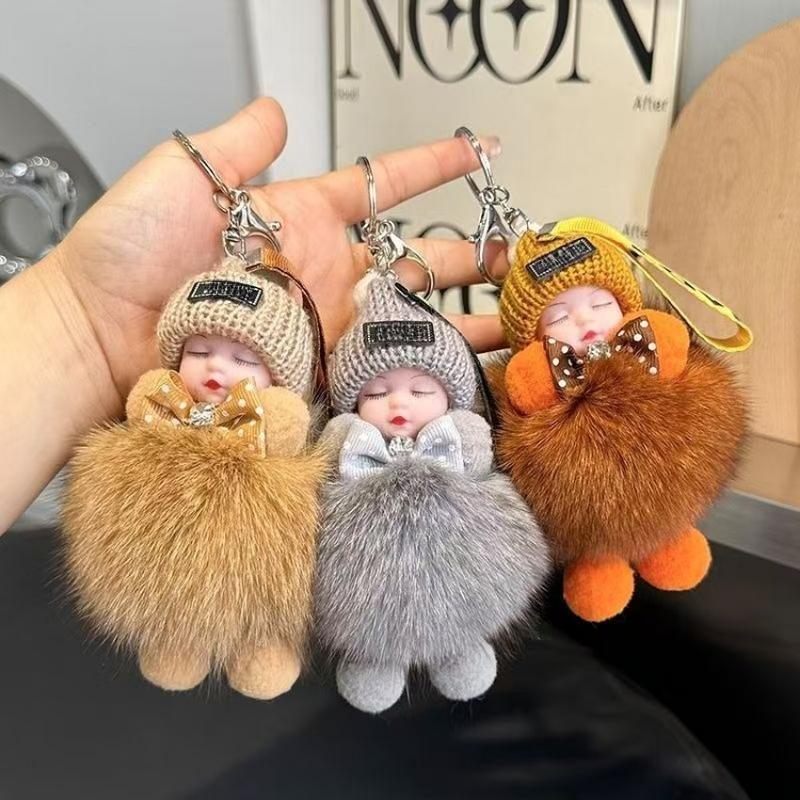 2-Pack Cute Fluffy Plush Sleepy Doll Keychain for Women, Kawaii Bag & Car Key Ring Pendant, Soft Lightweight Adorable Gift for Girls