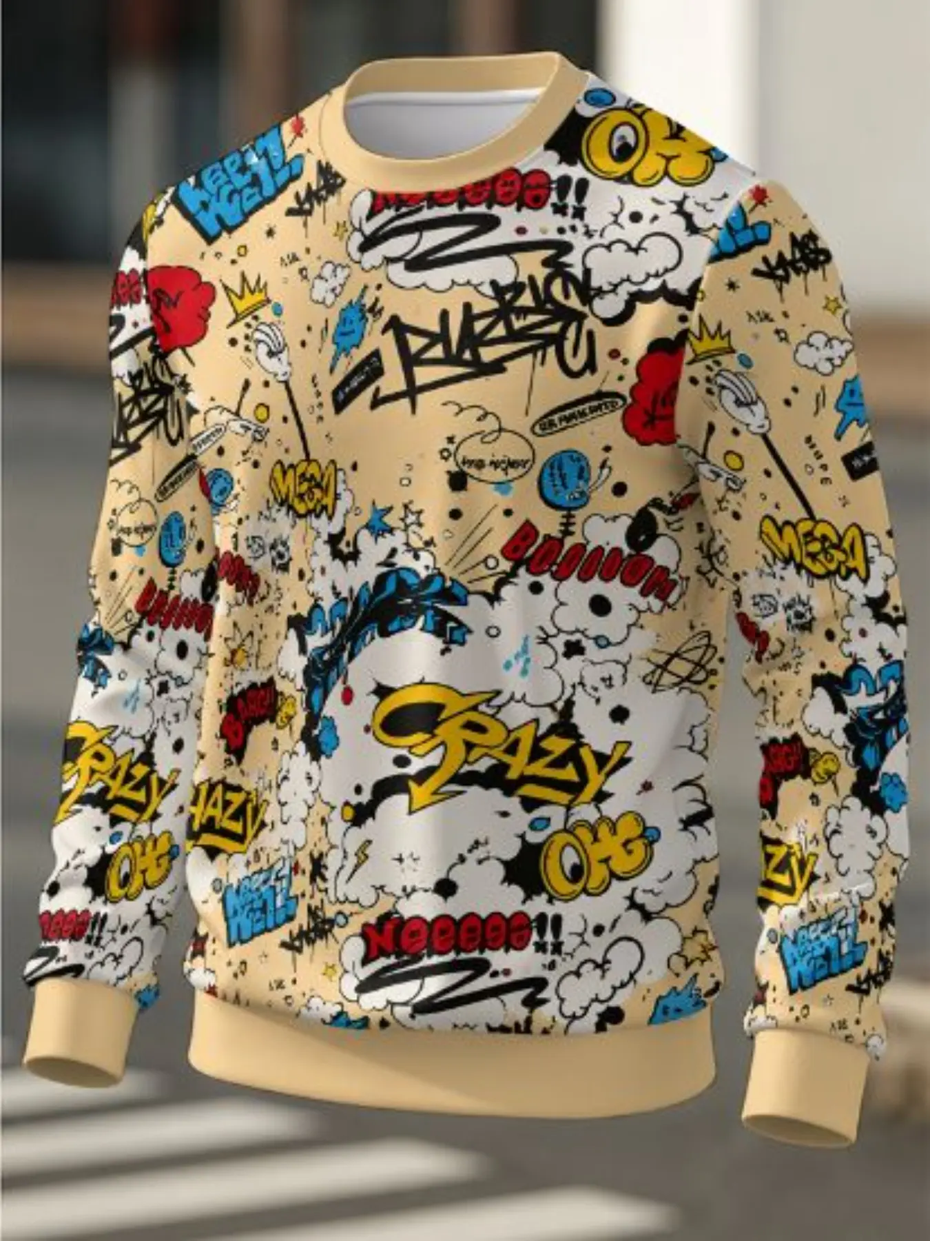 Men's Light Comic Graffiti Print Round Neck Sweatshirt, Casual Fitted Streetwear, Spring & Fall All over Print Unlined Top