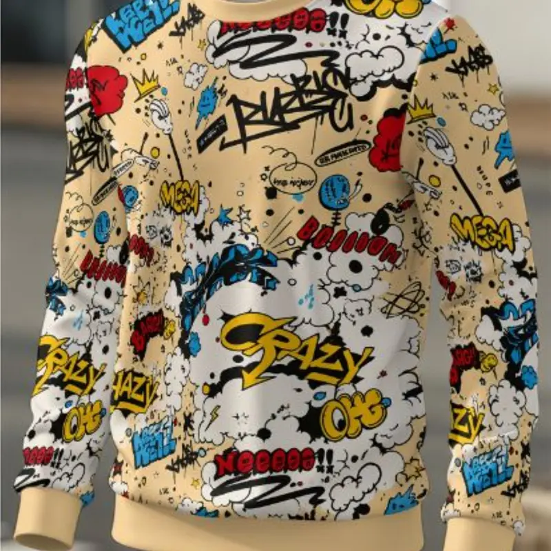 Men's Cartoon Graffiti Print Round Neck Long Sleeve Sweatshirt, Casual Street Style Fitted Pullover, Spring & Fall Top