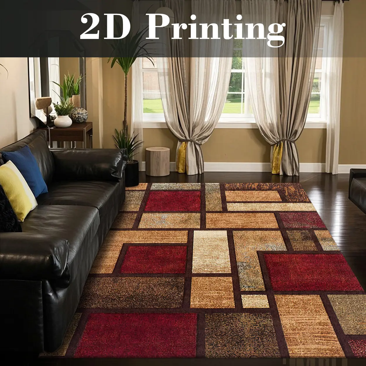 Modern Farmhouse Geometric Print Area Rug - Velvet Fiber, Wood Grain Look, Washable, Non-Slip, Multiple Sizes, for Living Room Decor, Indoor Use, with Local Delivery