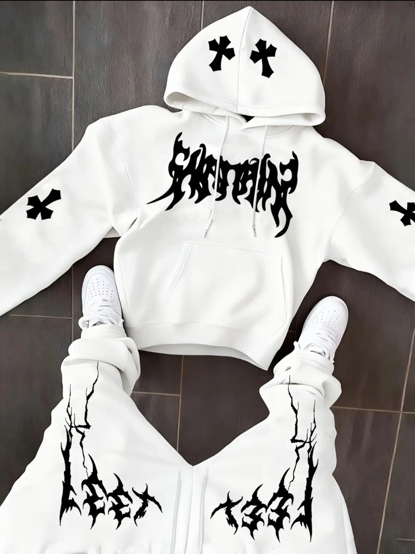 Men's Fall Winter Set, Letter Cross Pattern Hoodie + Drawstring Sports Pants, Casual Loose-Fit Outdoor Daily Wear, 2 Pieces