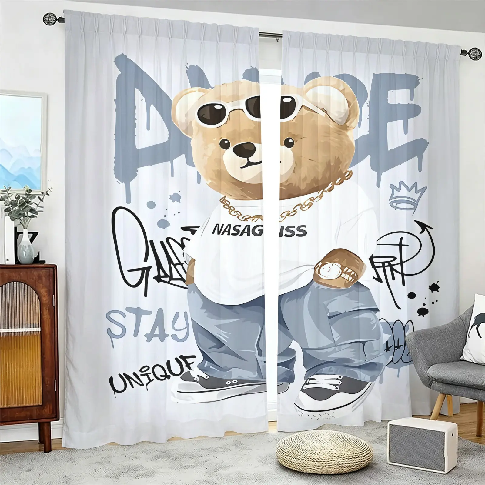 Bear Pattern Brushed Fabric Semi-Blackout Window Drapes, 2-Piece Set, Suitable For Living Room, Balcony And Bedroom, Perfect Home Season Holiday Room Decoration