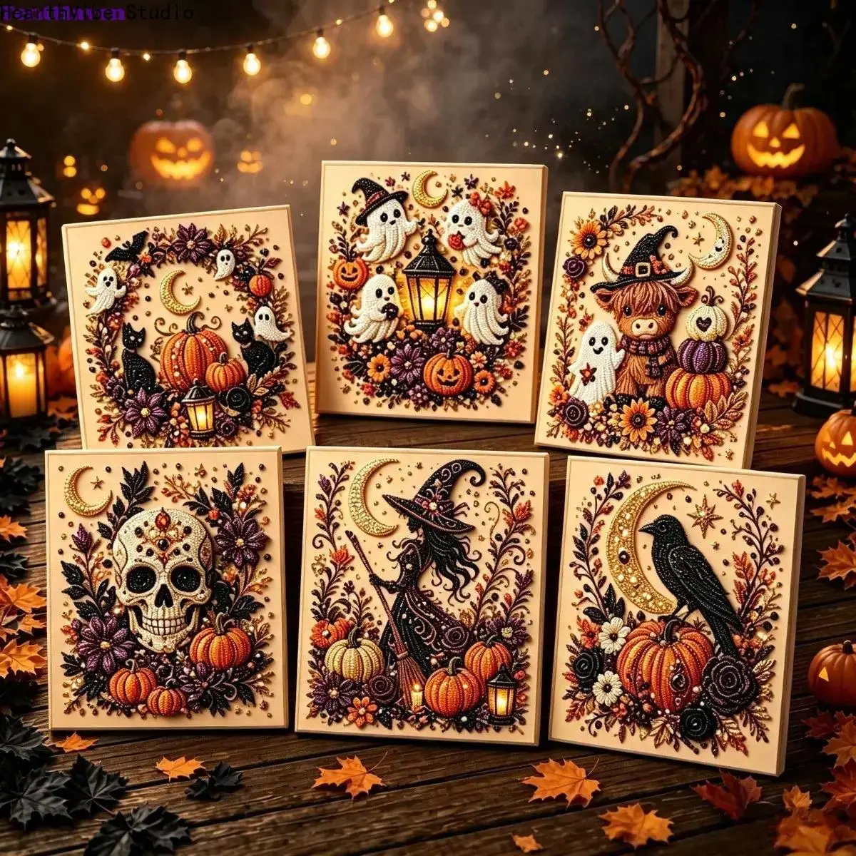 2026 Whimsical Ghost & Pumpkin Pearl Art DIY Craft Kit, 10x10in Full Bead Set for Adults & Kids, Beginner-Friendly Fall Halloween Home Wall Decor