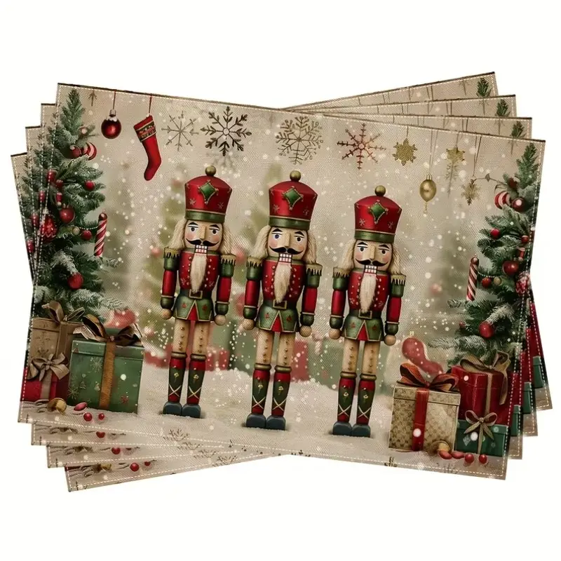 【Black Friday】2/4/6/8pcs, Vintage Classic Christmas Nutcracker Placemats, Christmas Trees, Gift Boxes and Snowflakes, Retro Winter Holiday Decorative Table Mats for Kitchen, Dining Table, Christmas Parties, Family Dinners, Restaurants and Hotels.