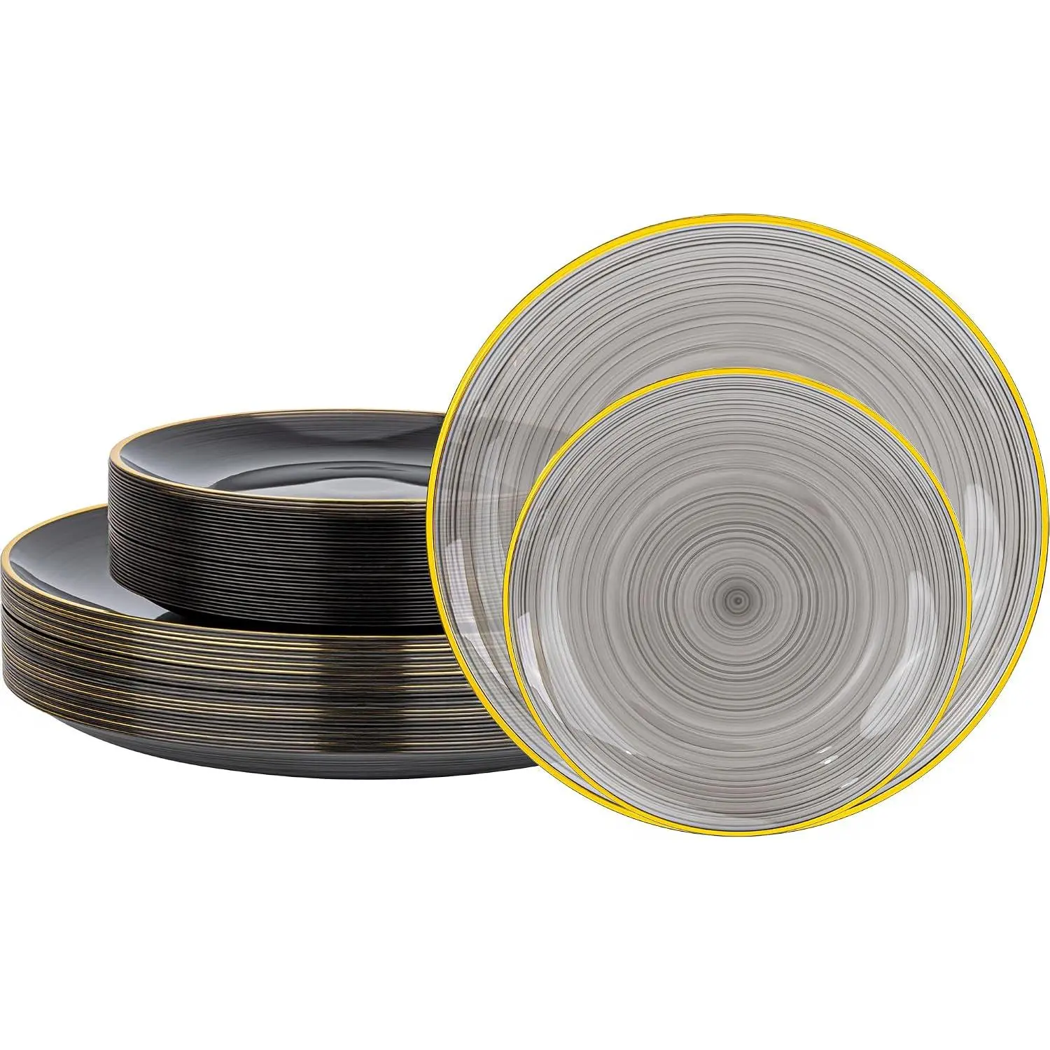 60 count Black Plastic Plates,Black Disposable Plates With  Rim,Heavy-duty  plate, Modern swirl design Plate Include 30 Dessert-plates,30Dinner-plates for Wedding & Party