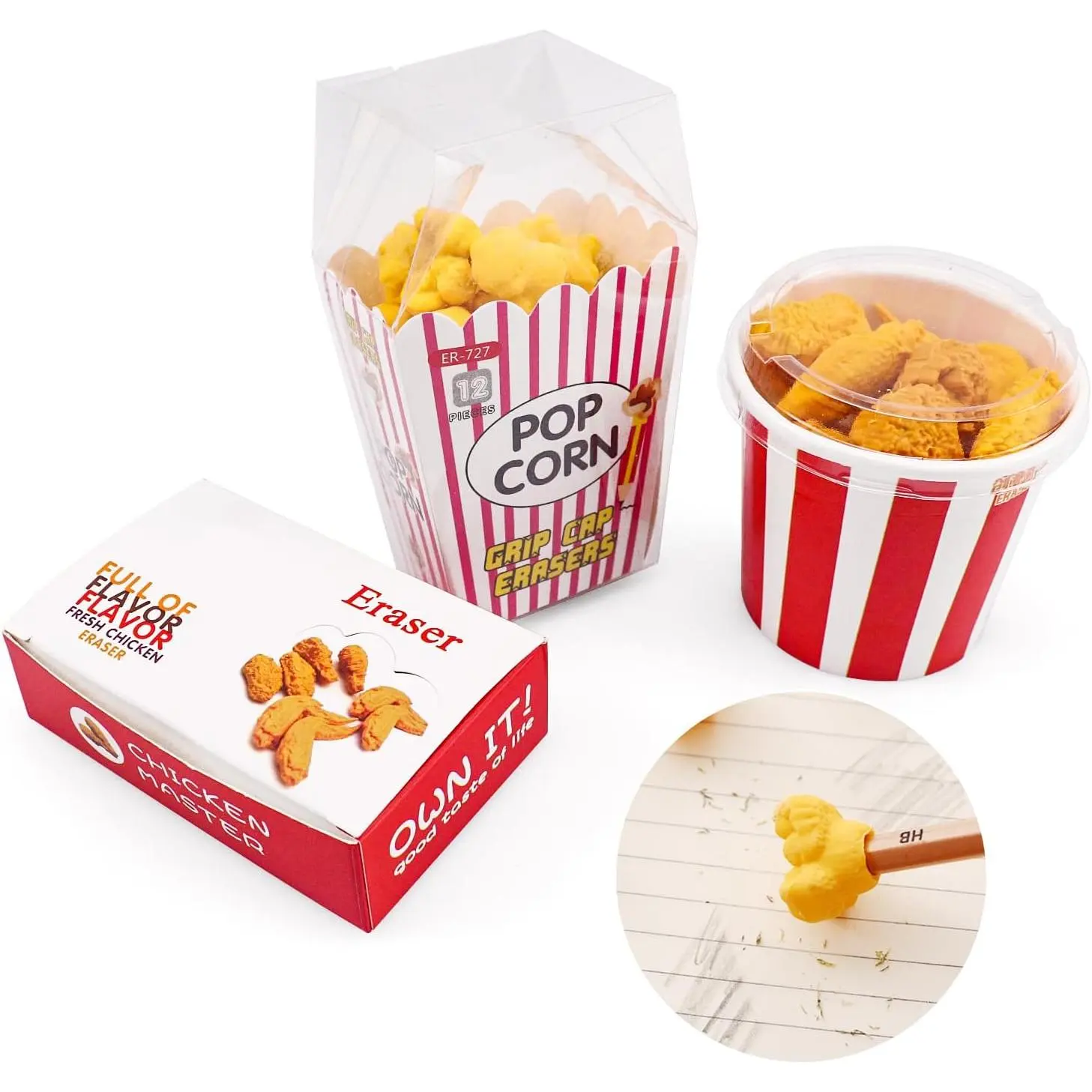 Cute Erasers, Pencil Mini Erasers Fun Cartoon Bulk Creative Erasers 27 Pack | Novelty Kawaii Popcorn Chicken Rubber  to School Supplies for Teachers Prize Gifts Party Favors