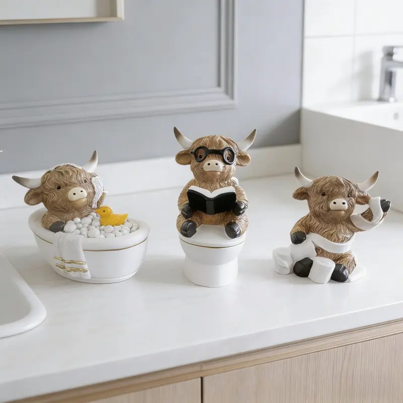 1pcs highland cow bathroom decoration-resin farmhouse wind cow collection statue, suitable for bathroom countertops, cute cow sculpture can be placed on the toilet rack, unique farmhouse wind bathroom accessories.