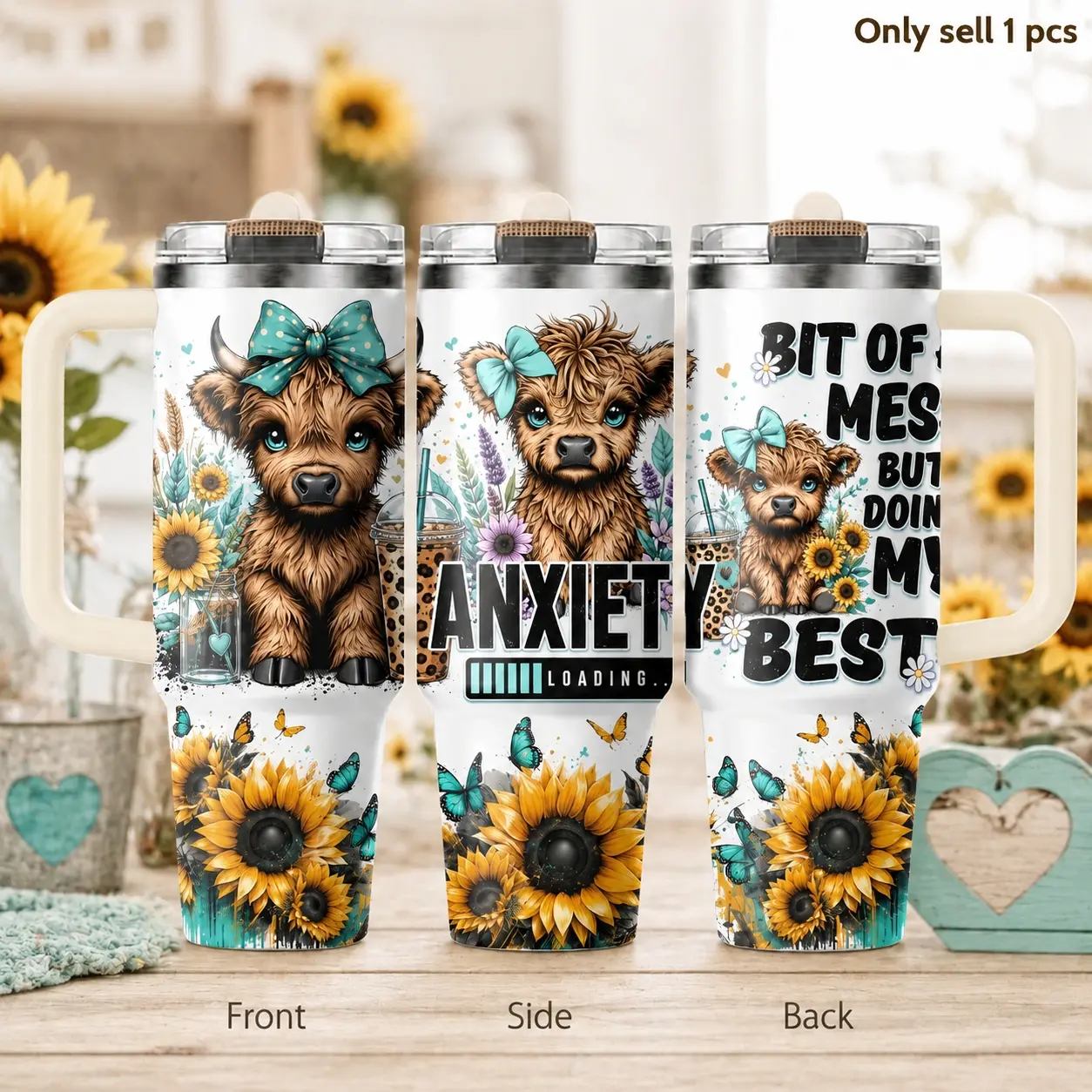 Highland Cow Sunflower Farm Style 40oz Tumbler – Country Floral Stainless Steel Insulated Travel Mug with Handle & Straw Lid for Coffee, Water, Office, Car, Farmhouse Animal Lover Gift