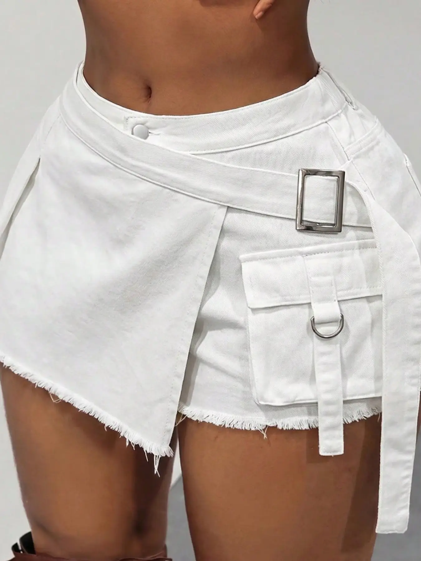 Women's Workwear Style Baggy Denim Skirt Pants, Metal Buckle Ribbon, Frayed Hem, Party, Streetwear, Music Festival, Casual Wear