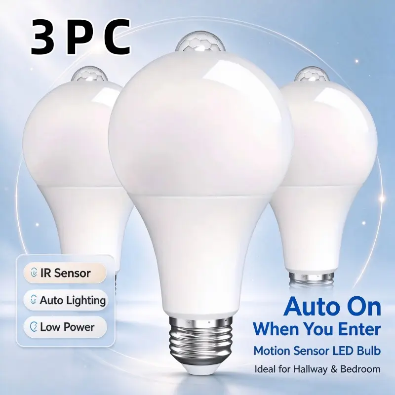 3-Pack Motion Sensor LED Bulbs, Energy-Saving Light Bulbs for Stairs, Corridors, Warehouses, Efficient Lighting Solution