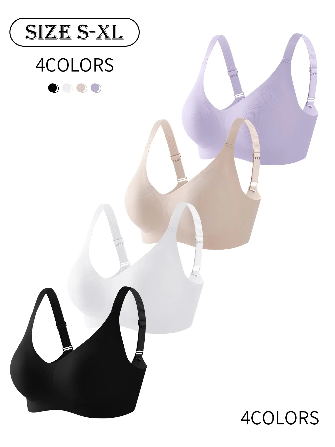 4Pack/6 colors V-neck seamless wireless bra push-up lifting high support bra comfortable skin-friendly soft fabric seamless high elastic four-row three- design adjustable shoulder straps sports bra XS-XL size daily casual underwear Adjustable Sports Bras