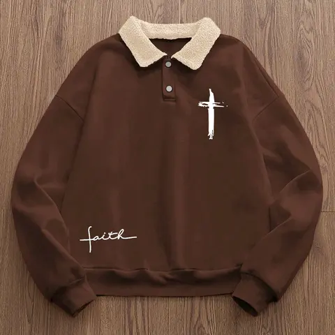 Men's Christian Cross Polo Neck Casual Fashion Faith Sweatshirt Long Sleeve, Casual Trendy Loose Fit Pullover, Faux Fur Collar & Buttons, Fall Winter Streetwear, Tops, Menswear
