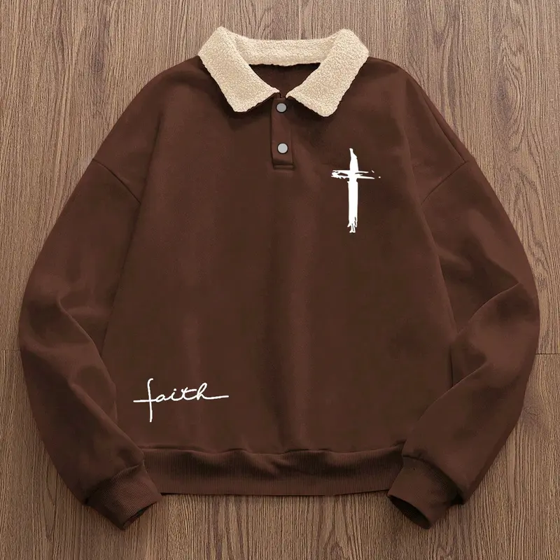 Men's Christian Cross Polo Neck Casual Fashion Faith Sweatshirt Long Sleeve, Casual Trendy Loose Fit Pullover, Faux Fur Collar & Buttons, Fall Winter Streetwear, Tops, Menswear