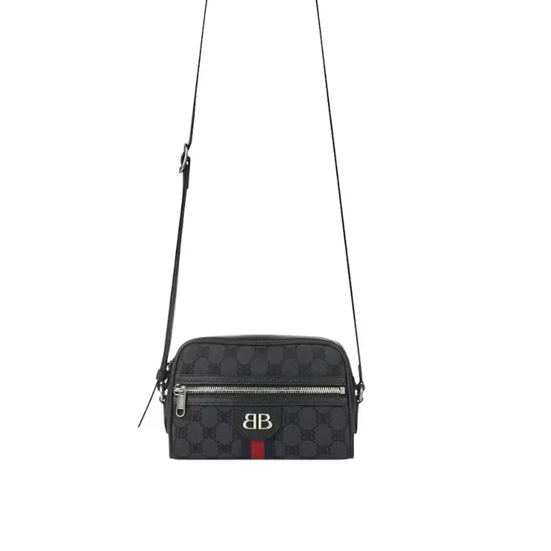 Balenciaga x Gucci Co-Branded Monogram Zip Crossbody Bag for Women, Nylon and Polyester Blend, Black