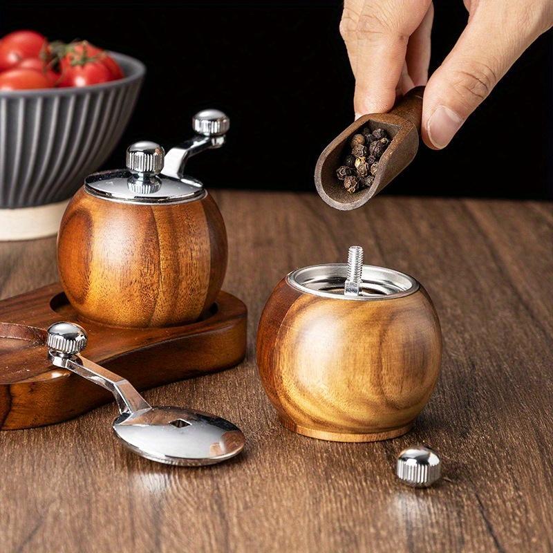 2pcs Advanced Wooden Manual Pepper Grinder - Hand-cranked Sea Salt and Black Pepper Seasoning Machine, with Wooden Stand, Adjustable Thickness, Suitable for Steak Seasoning, Kitchen Gadgets for Restaurants and Food Carts