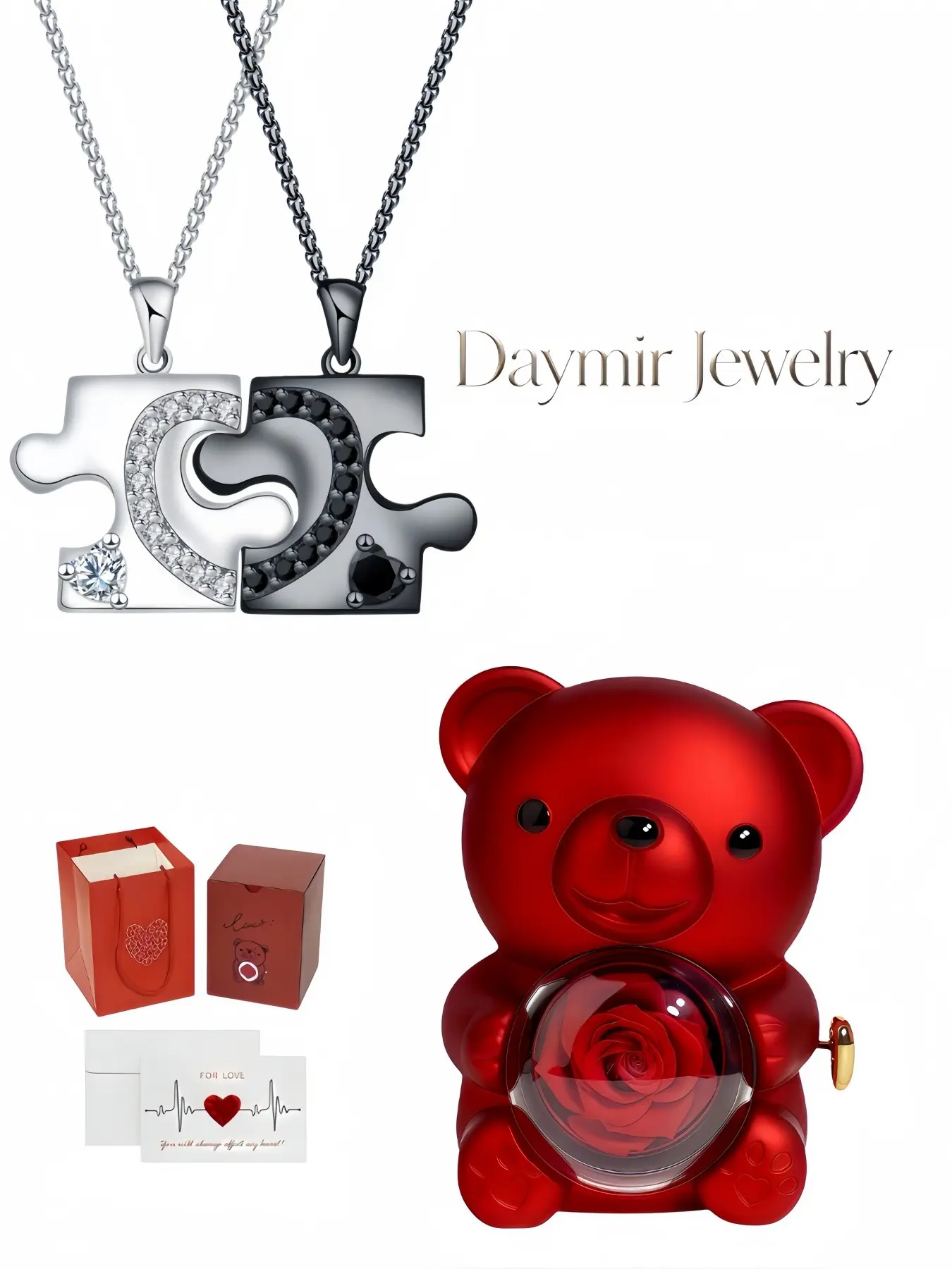 "Wedge · Double Heart Puzzle" Creative matching couple puzzle necklace. Packaged in rotating rose bear jewelry box, a mysterious gift for birthdays, Mother’s Day, Valentine’s Day and Christmas.