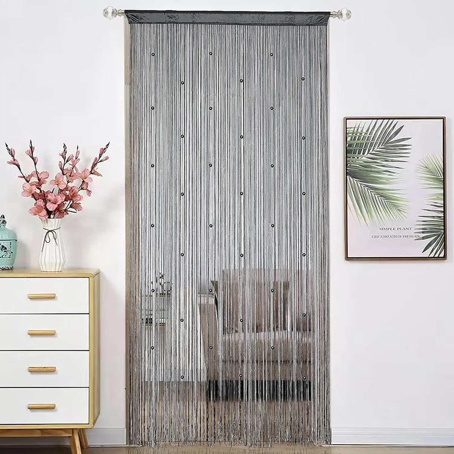 Beaded Curtain Beads Door String Curtains Ideal for Living Room Decor Wall  Fringe Doorway Divider Bedroom Backdrop Hippie Window Closet  Rod Pocket Dense (100x200cm,Grey)