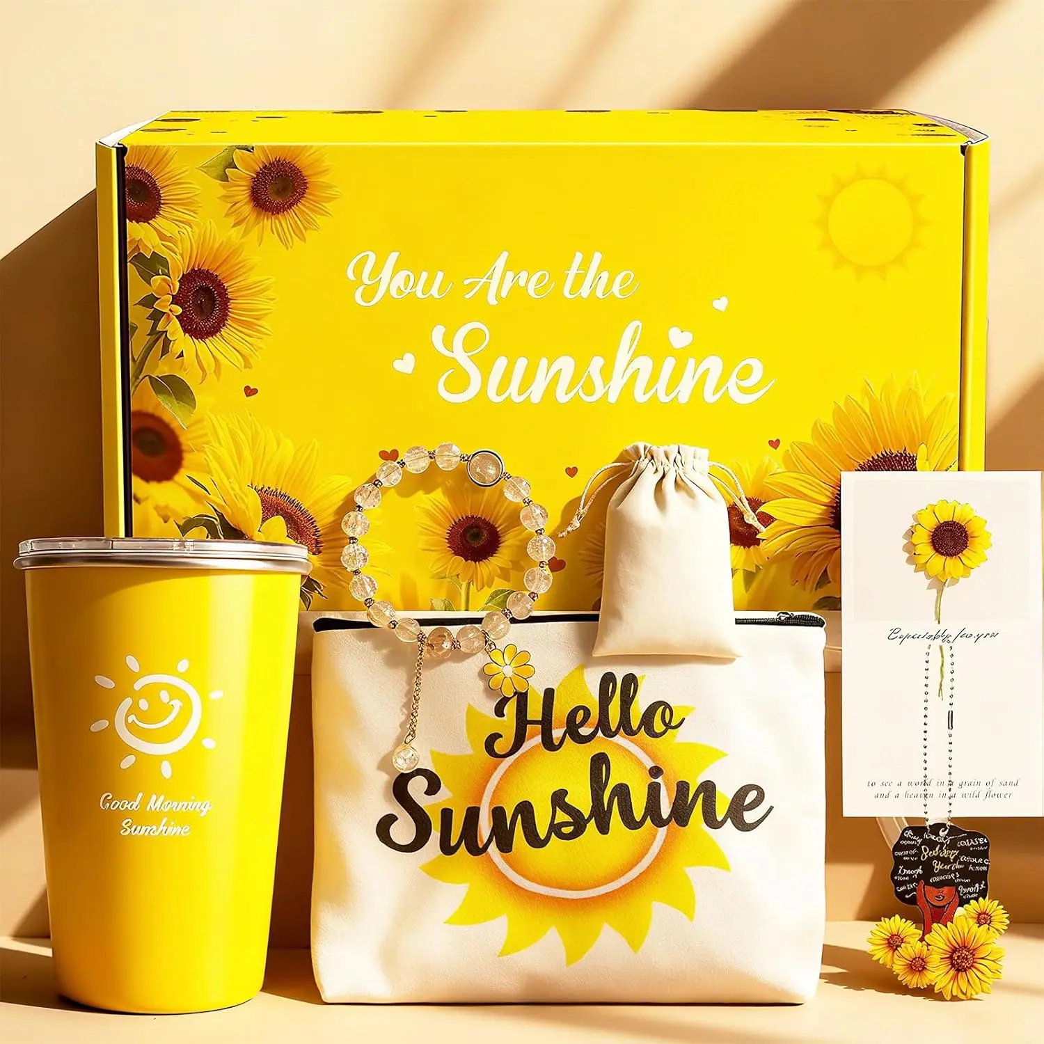 Sunflower Gift Basket Box with Christian Gifts - Butterfly Bracelet, Car Hanging Ornament, Joyful 'Good Morning, Sunshine' Design - Festive Care Package for Mom - Christmas, Valentine's Day Supplies (Home, Party)