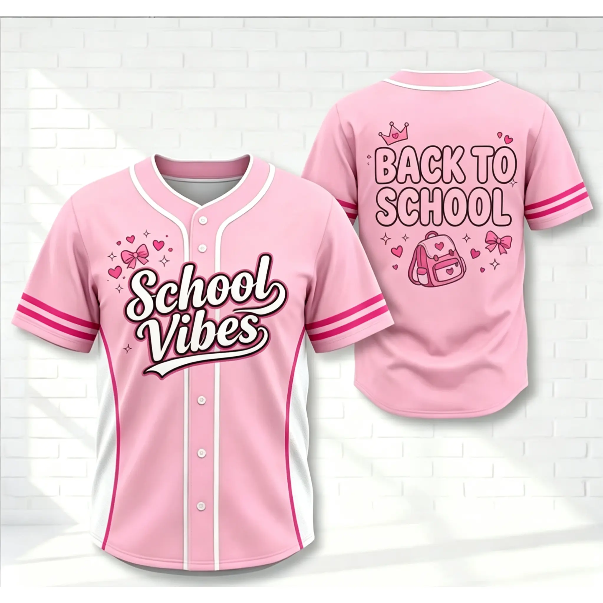 Cute School Vibes Baseball Jersey for Women, Cute Backpack & Bow Print Button Down Short Sleeve Top, Casual Back to School Outfit # TikTokMadeMeBuyIt #   TikTokShop #   Cute Shirt # Baseball Jersey # BackToSchool