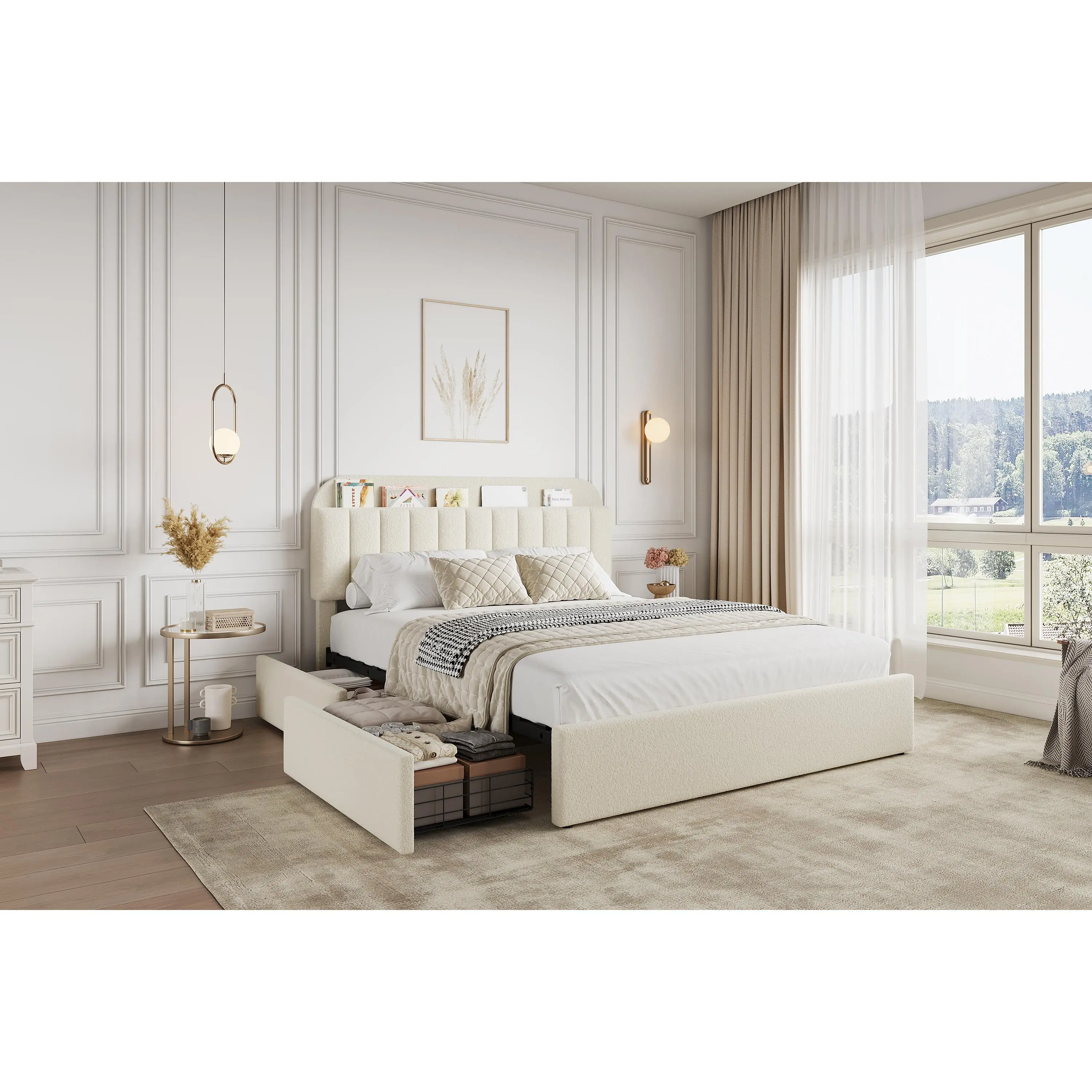 Garvee Boucle Upholstered Platform Bed Frame with Storage Headboard Bookcase, 2 Underbed Drawers, Noise-Free, No Box Spring Needed, Easy Assembly