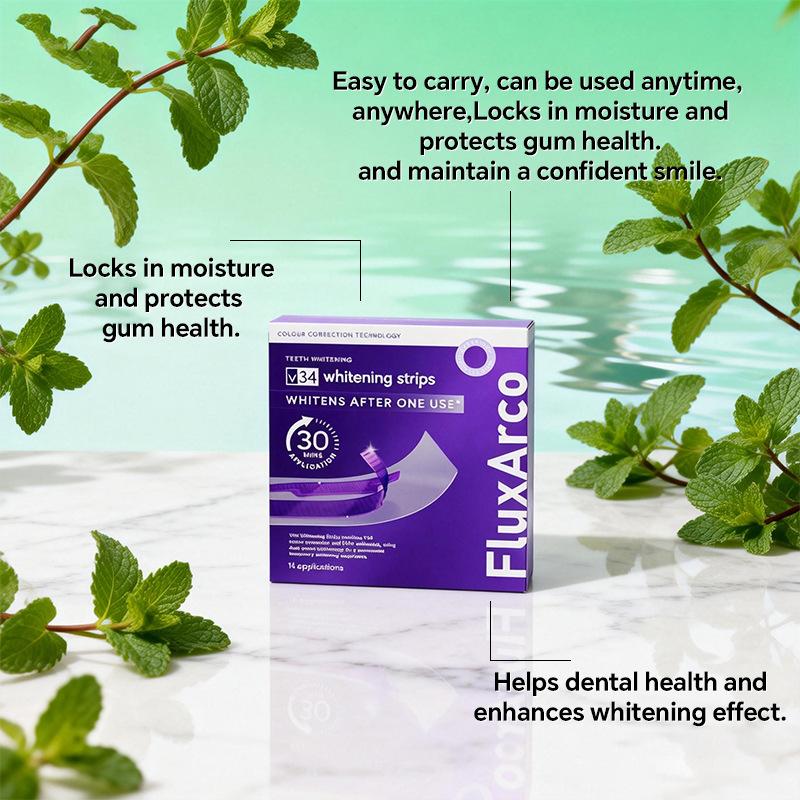 FluxArco Purple Teeth Whitening Strips  With Free Cheek Retractor - 7/14 Whitening Sessions -Nano-Hydroxyapatite Safe for Enamel - Non Sensitive Teeth Whitening - Peroxide-Free