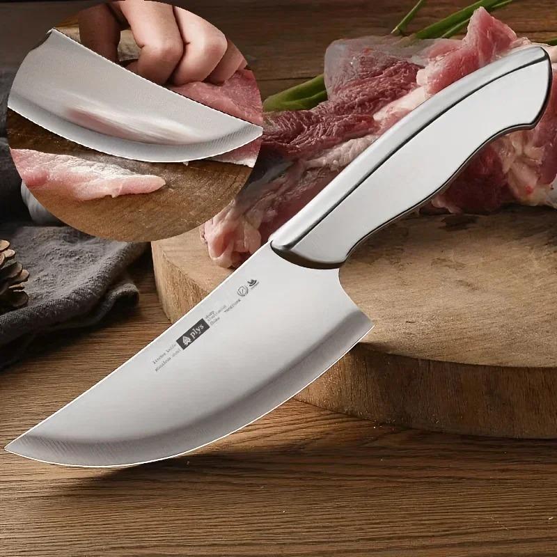 All-Steel Bone Knife with Leather Sheath. Professional Grade Meat Cleaver with Comfortable Grip for Outdoor Barbecue and Home Kitchens - Chef Fixed Blade Knives