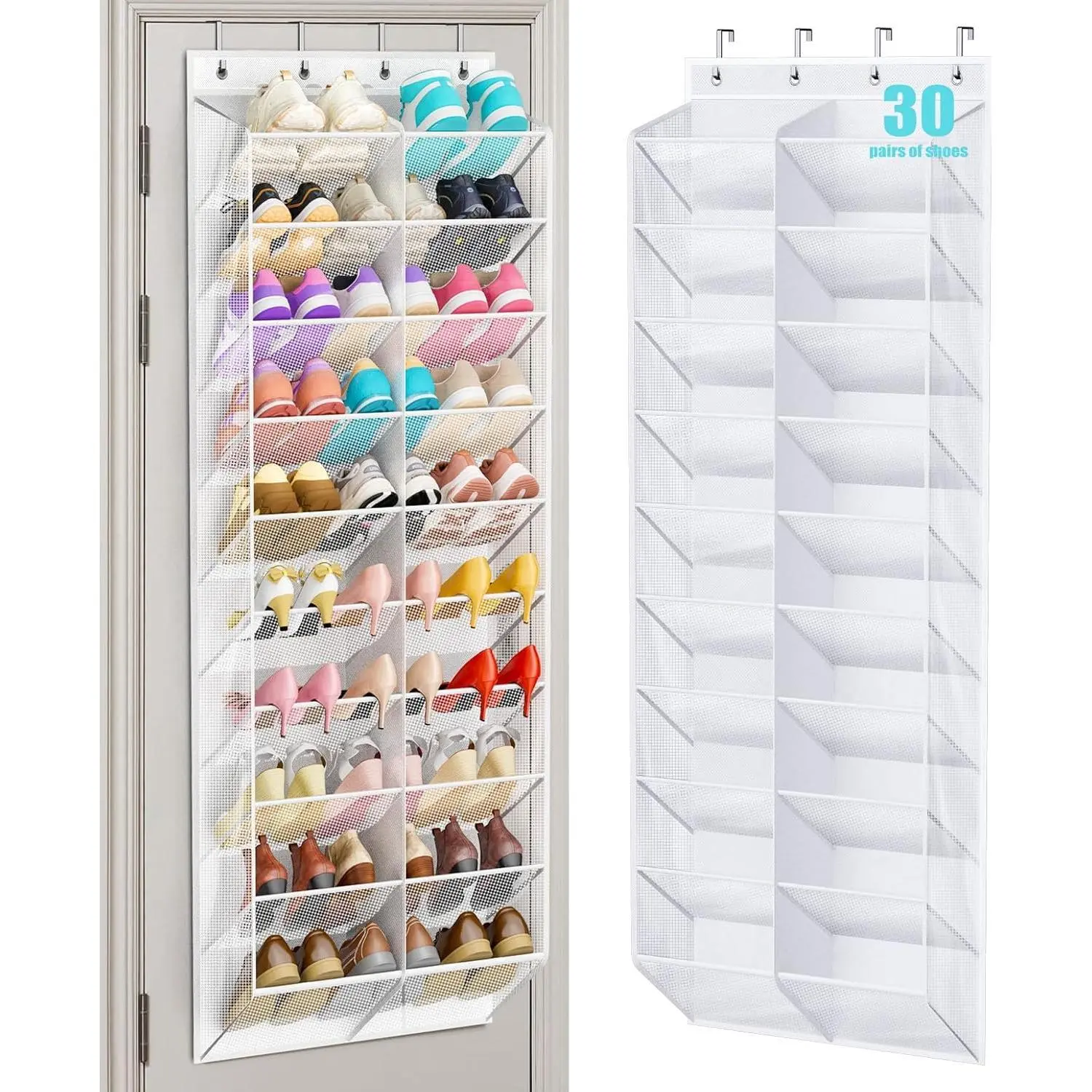 30 Pairs Over the Door Shoe Organizer Breathable Mesh Hanging Shoe Rack for Closet Storage with Wide Deep Pockets 10 Tier Shoes Holder Fit All the Family's Sneakers, Boots, Heels (White, 71")