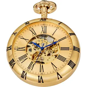 Ball Shaped Uncovered Mechanical Pocket Watch for Men, Roman Digital Dial Mechanical Pocket Watch with Chain