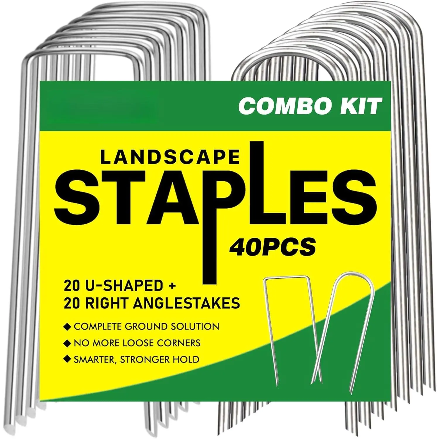 Landscape  4 Inch, 40 count (20 U-Shaped & 20 Right Angle) | Combo Kits Galvanized Garden Stakes for Weed Barrier, Irrigation Hose, Floor Mats, Landscape Fabrics, Lawn & Garden Fixing