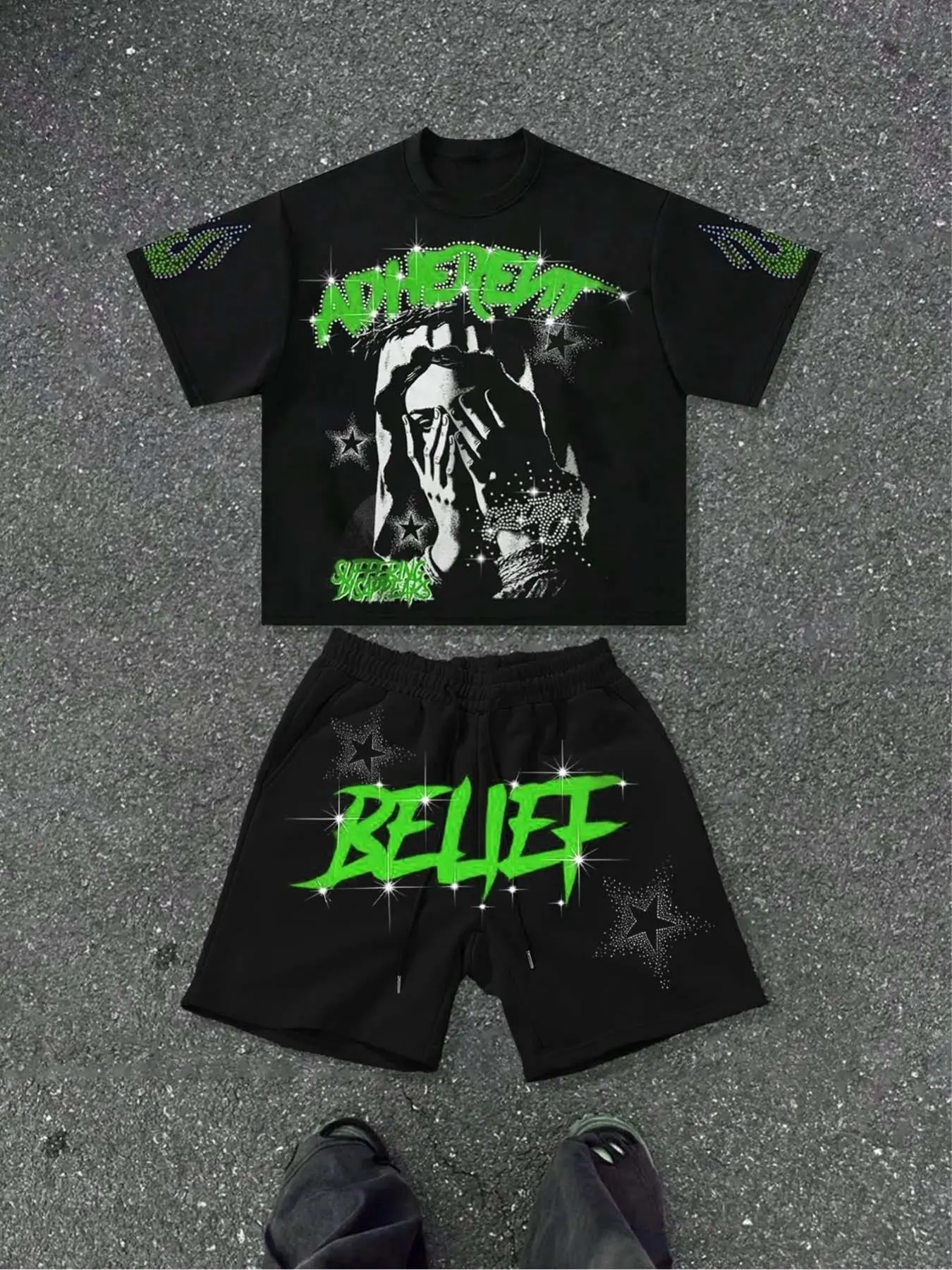 Men's Casual Print T-Shirt and Drawstring Shorts Set, Rhinestone Loose Fit Tee, Round Neck, Soft Breathable, Ideal for Leisure Sports
