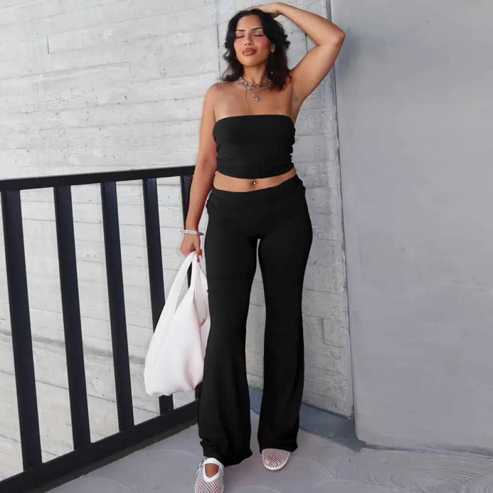 Two-Piece Set Women's Solid Basic Crop Strapless Fitted Tube Top & Foldover Waist Flare Leg Pants, Everyday Casual Fashion Cozy Fabric Outfits for Daily Outdoor Wear, Ladies Clothes for Summer