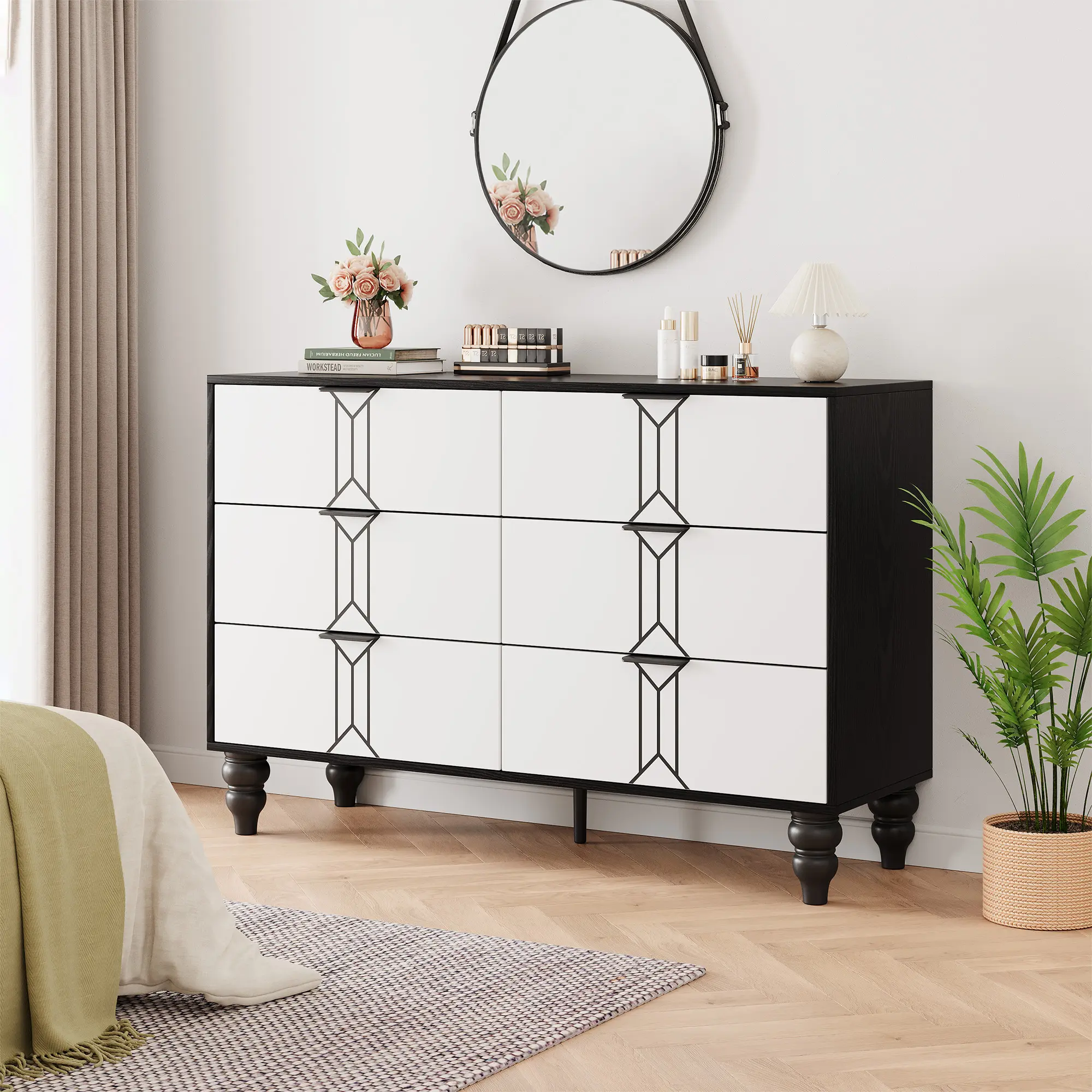 Modern 6-Drawer Dresser for Bedroom - Deep Storage Black & White Chest - Vintage Diamond Design, Waterproof Finish, Metal Handles, Space-Saving Organizer for Bedroom or Living Room