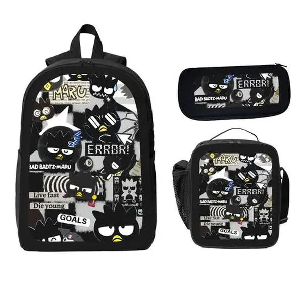 3‑Pcs Backpack Set, Street‑Style Black Penguin Cartoon Collage Print Bookbag, Light‑Weight Waterproof School Backpack with Insulated Lunch Bag and Pencil Pouch for Teens Boys Girls Daily Use