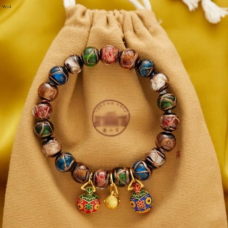 Vintage Multicolor Aroma Glass Beaded Stretch Bracelet, Traditional Enamel Swallow Beast Pendant Elastic Wrist Bangle, Retro Ethnic Hand‑Made Decor Bracelet for Women Daily Casual Festival Gift