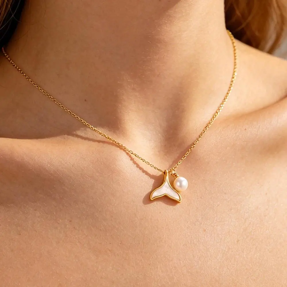 Whale Tail With Pearl Pendant Necklace For Women Girls Summer Stainless Steel Charm Fishtail Jewelry Birthday Gifts Waterproof