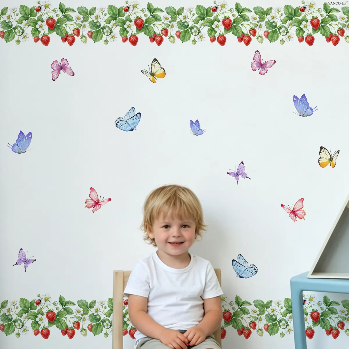 1Pc (30*90cm) Spring Strawberry Vine Wall Sticker with Berry Lace & Colorful Butterflies, Waist Line Decal for Kids Room, Bedroom & Living Room