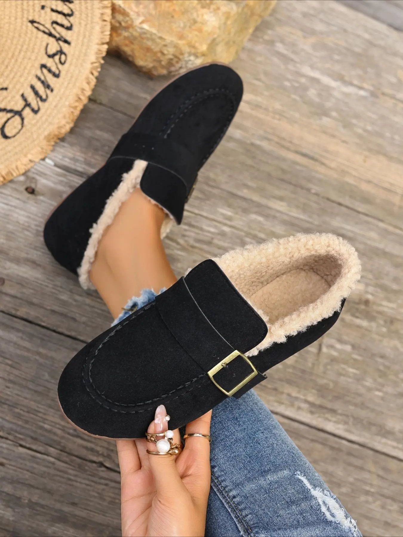 Fleece lined warm loafers with metal buckle round toe soft slip-on casual women shoes for autumn and winter daily wear