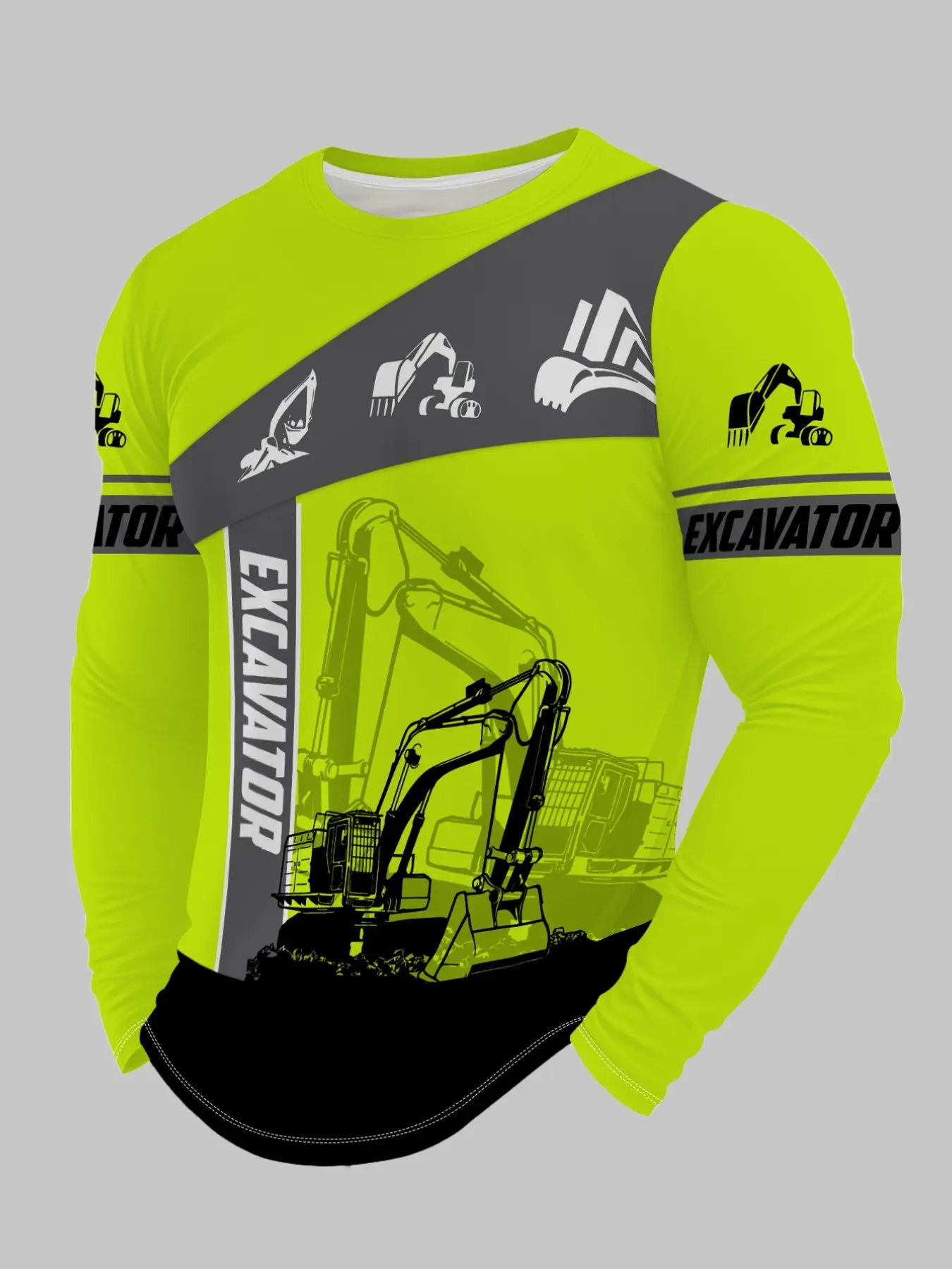 Men's Fluorescent Excavator Print Long Sleeve T-Shirt, Casual Loose-Fit Round Neck, All Seasons Building Worker Top