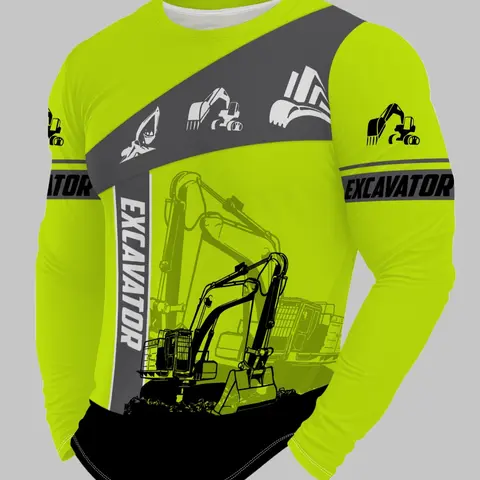 Men's Fluorescent Excavator Print Long Sleeve T-Shirt, Casual Loose-Fit Round Neck, All Seasons Building Worker Top, Fashion Tees