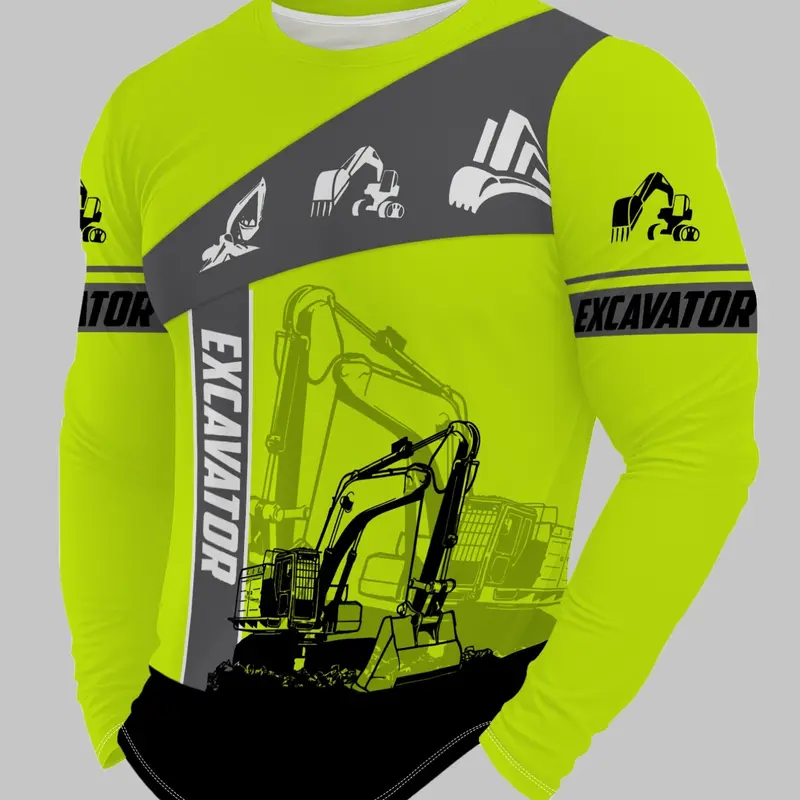 Men's Fluorescent Excavator Print Long Sleeve T-Shirt, Casual Loose-Fit Round Neck, All Seasons Building Worker Top, Fashion Tees