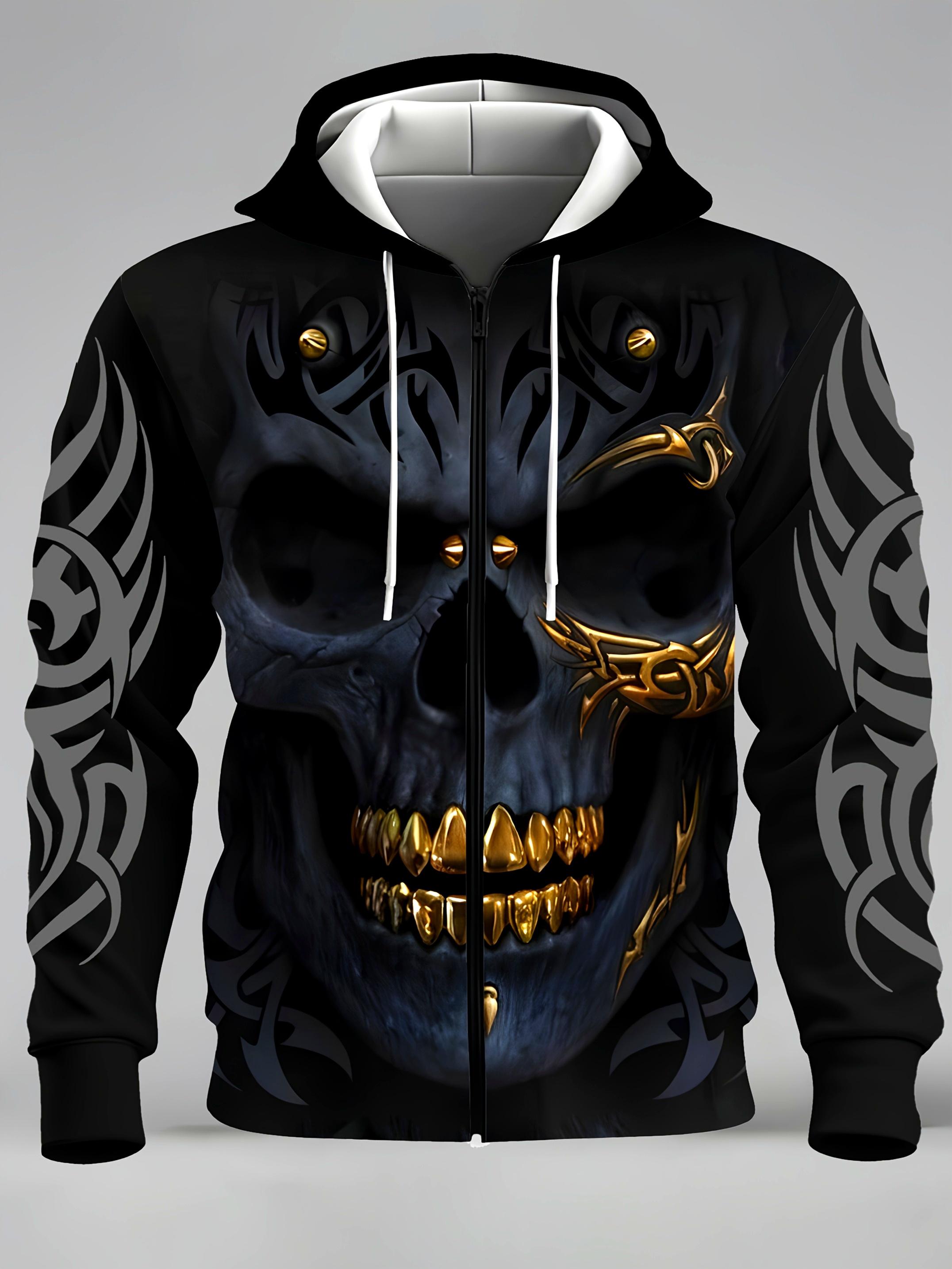Men's fashionable casual novel skull pattern printed zipper pocket hoodie