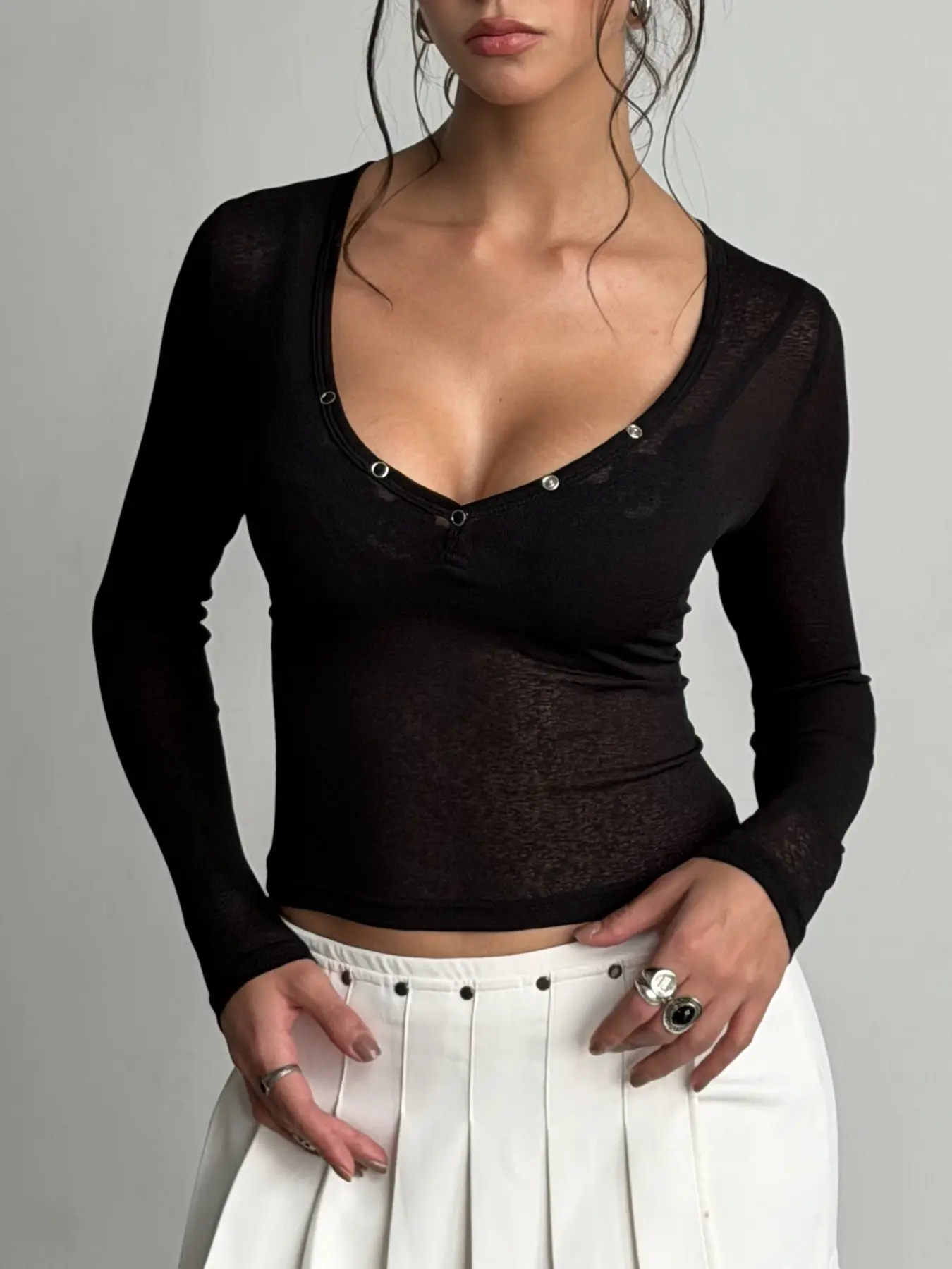 Black Sheer Long Sleeve Top Women Deep V Neck Slim Fit Mesh Blouse Transparent Layering Shirt Y2K Sexy Going Out Evening Clubwear Party Streetwear Date Night Casual Fashion