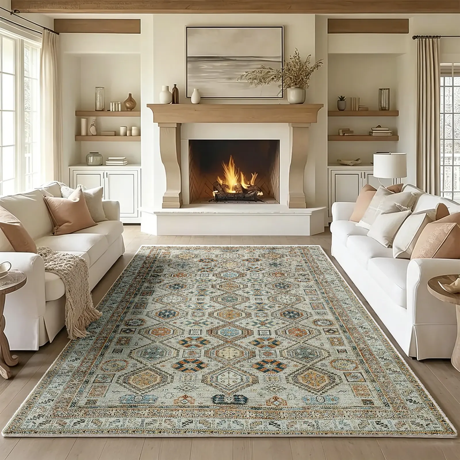 [Moving Season]Multi-Color Geometric Area Rug, Cream with Blue Rust Hexagon Carpet, Cozy Plush Faux Cashmere, Machine Washable Non Slip Rug for Bedroom, Living Room, Dining Room, Office, Modern Home Decor, Room Decor (Various Sizes)