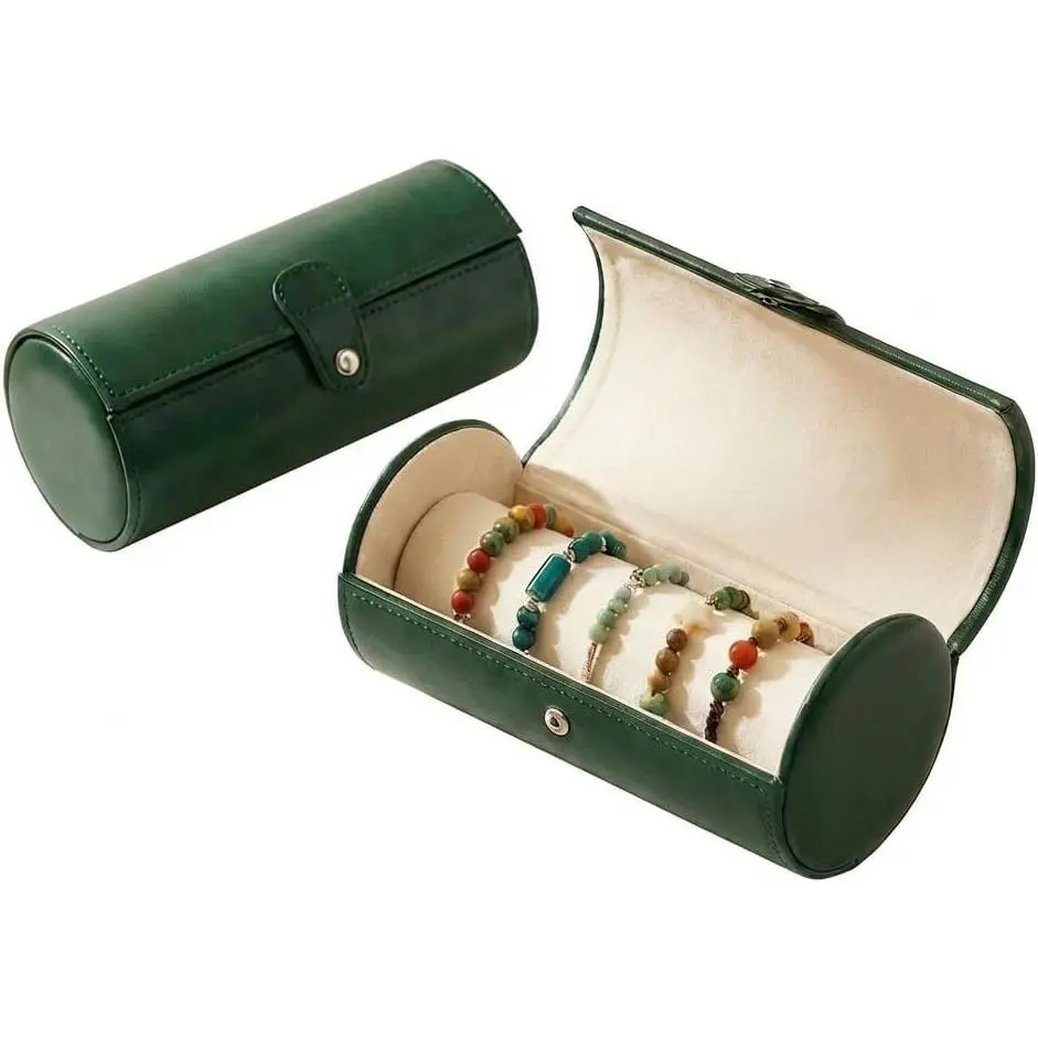 Leather Cylinder-Shape Bracelet Holder Box, Lightweight Large-Capacity Home Organizer for Cuffs, Bead Bangles, Travel Storage Case, 11X11x21cm