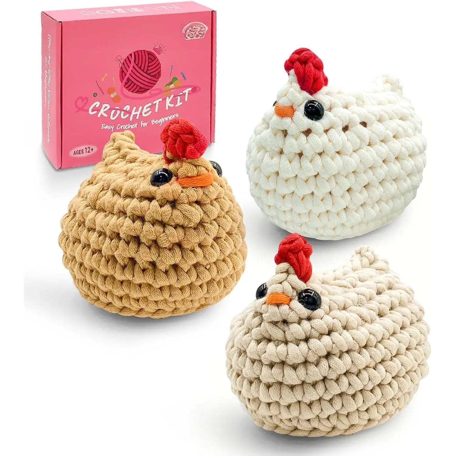 Crochet Kit for Beginner - DIY 3 Chickens Amigurumi Set with Video | Step-by-Step Video Tutorials, 3 Cute Chickens  Kit, Easy DIY Craft for Teens & Adults