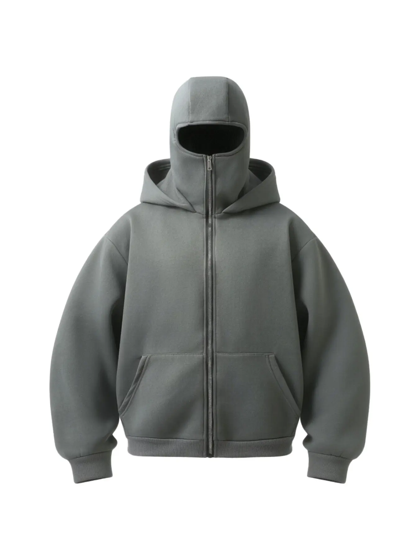 Men's Light Gray Black Balaclava Mask Full Zip Hoodie Jacket, Ribbed Trim Kangaroo Pocket Detail Loose Fit Techwear High Street Style Casual Outerwear